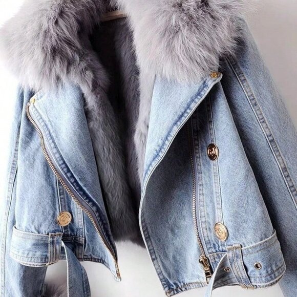 Blue Casual Women's Detachable Faux Rabbit fur Denim Parka Jacket - Picture 5 of 9